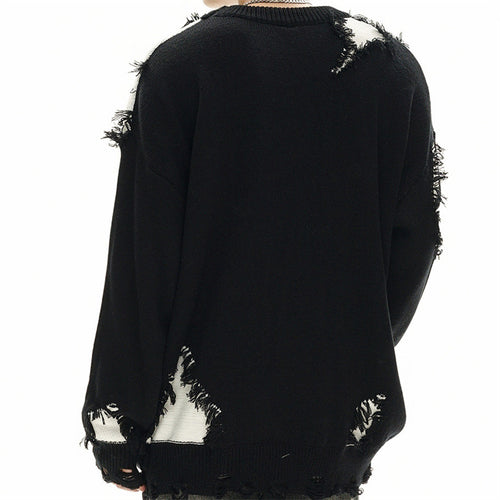 Cat whisker tassel torn hole spliced contrasting sweater